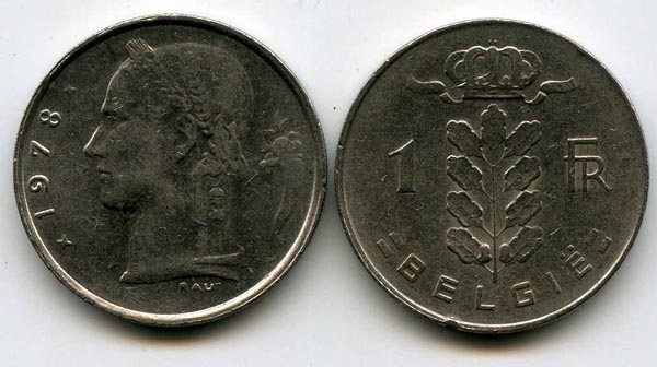 Монета 1 франк 1978г фл Бельгия