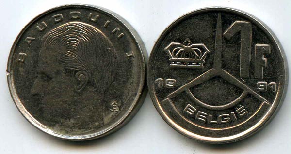 Монета 1 франк 1991г фл Бельгия