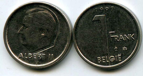 Монета 1 франк 1997г фл Бельгия