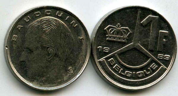 Монета 1 франк 1989г фр Бельгия