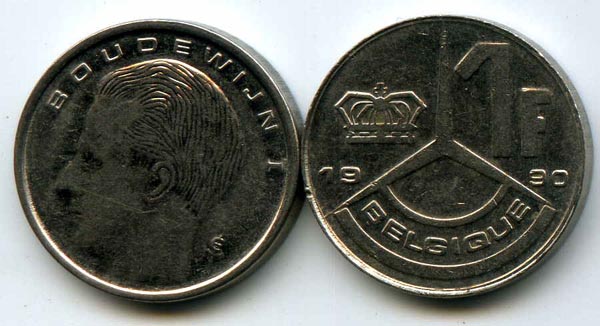 Монета 1 франк 1990г фр Бельгия