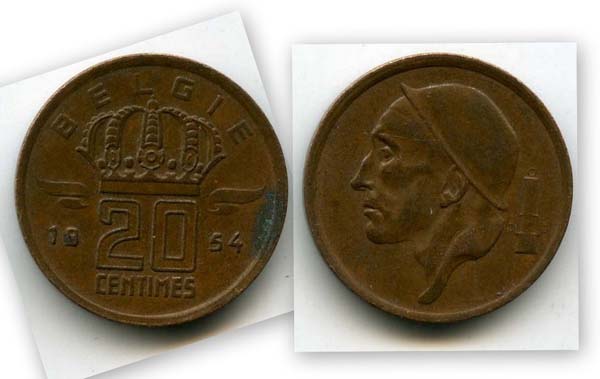 Монета 20 сентимес 1954г фл Бельгия