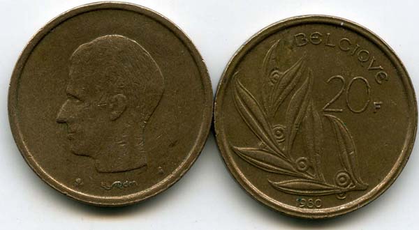 Монета 20 франков 1980г фр Бельгия