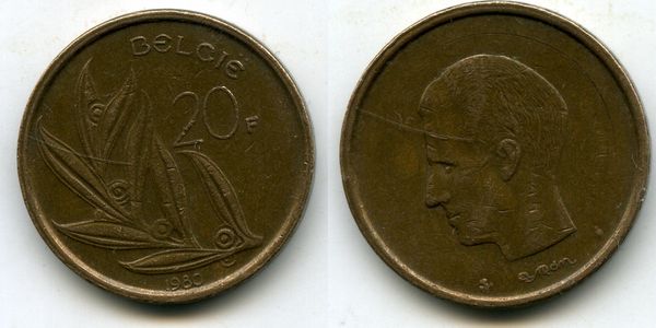Монета 20 франков 1980г фл Бельгия