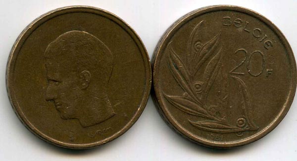Монета 20 франков 1981г фл Бельгия