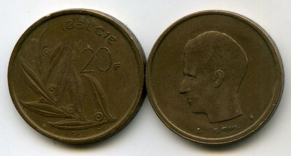 Монета 20 франков 1982г фл Бельгия