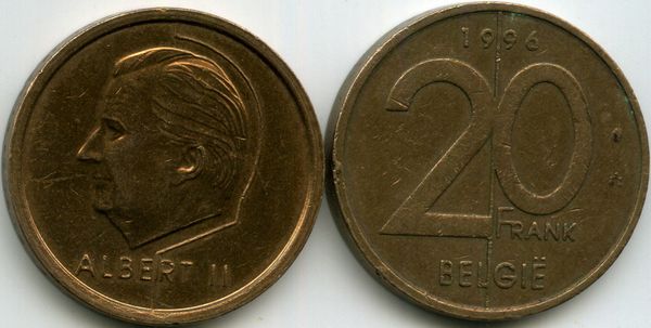 Монета 20 франков 1996г фл Бельгия
