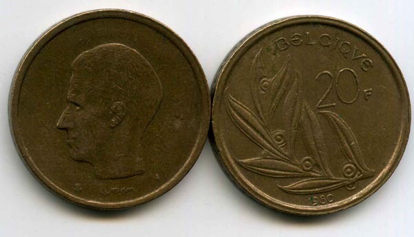 Монета 20 франков 1980г фр Бельгия
