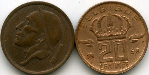 Монета 20 сентимес 1958г фр Бельгия