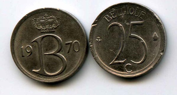 Монета 25 сентимес 1970г фр Бельгия