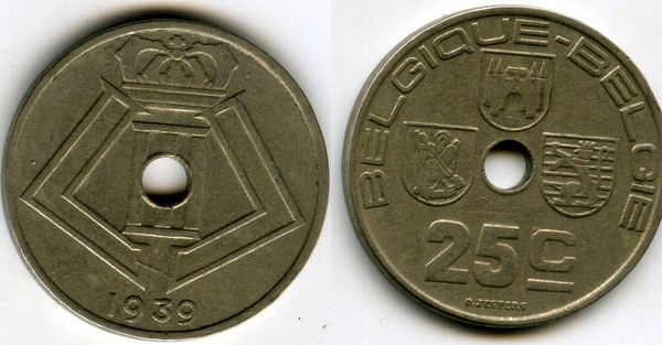Монета 25 сентимес 1939г фр Бельгия