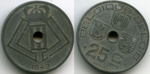 Монета 25 сентимес 1942г фр Бельгия