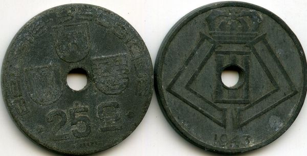 Монета 25 сентимес 1943г фл Бельгия