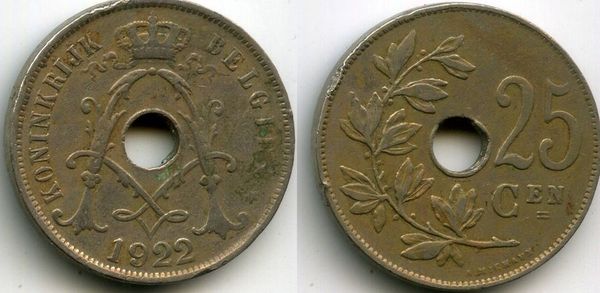 Монета 25 сентимес 1922г фл Бельгия