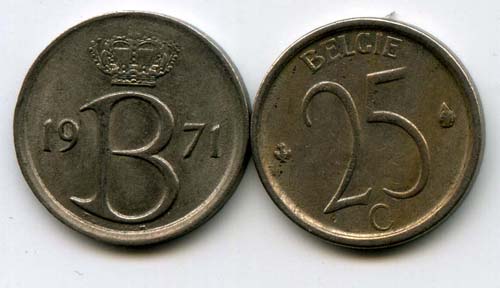 Монета 25 сентимес 1971г фл Бельгия