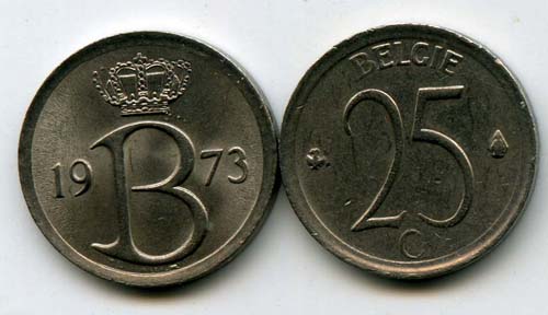 Монета 25 сентимес 1973г фр Бельгия