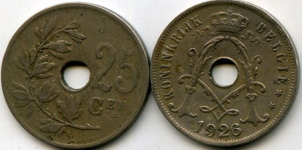 Монета 25 сентимес 1926г фл Бельгия