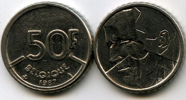 Монета 50 франков 1987г фр Бельгия
