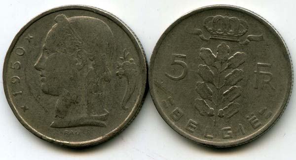 Монета 5 франк 1950г фл Бельгия