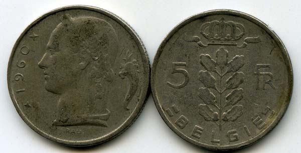 Монета 5 франк 1960г фл Бельгия