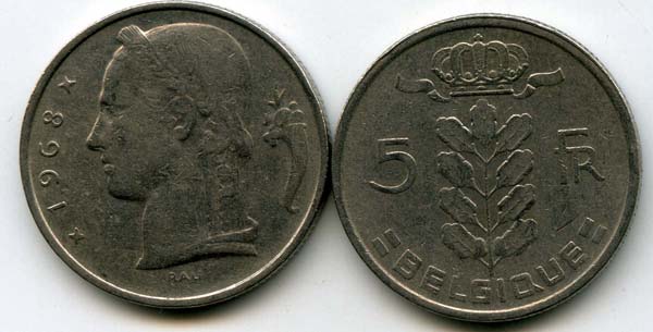 Монета 5 франк 1968г фр Бельгия