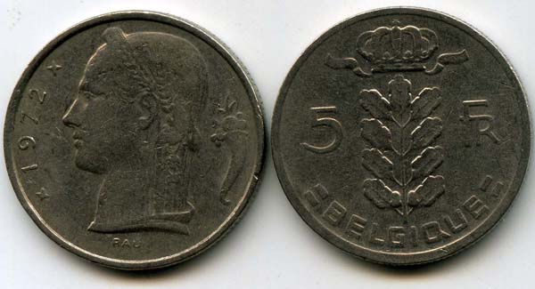 Монета 5 франк 1972г фр Бельгия