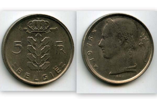 Монета 5 франк 1978г фл Бельгия
