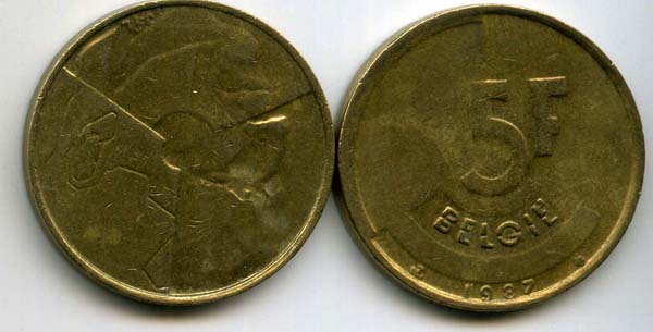 Монета 5 франк 1987г фл Бельгия