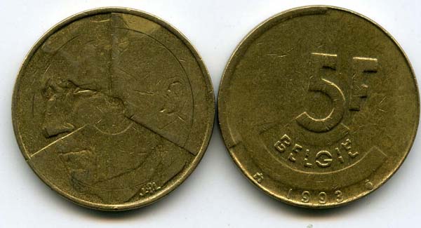 Монета 5 франк 1993г фл Бельгия