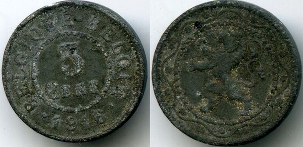 Монета 5 сентимес 1916г Бельгия