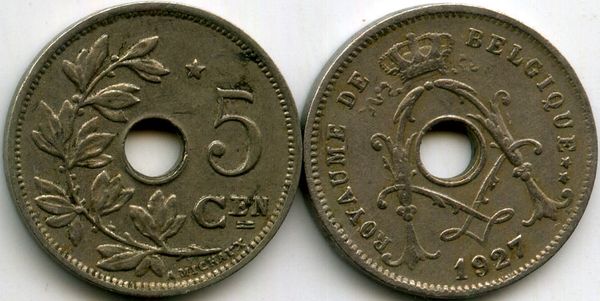 Монета 5 сентимес 1927г фр Бельгия