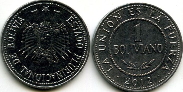 Монета 1 боливиано 2012г Боливия