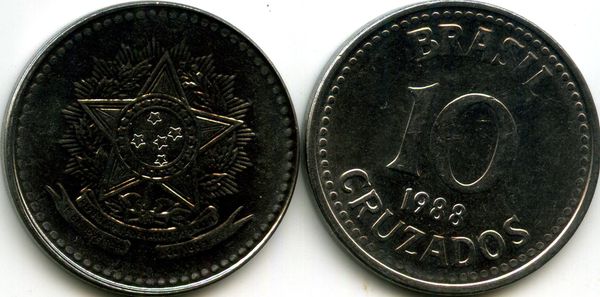 Монета 10 крузадос 1988г Бразилия