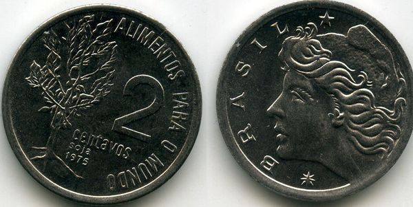 Монета 2 сентавос 1975г фао Бразилия
