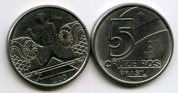 Монета 5 крузейрос 1990г Бразилия