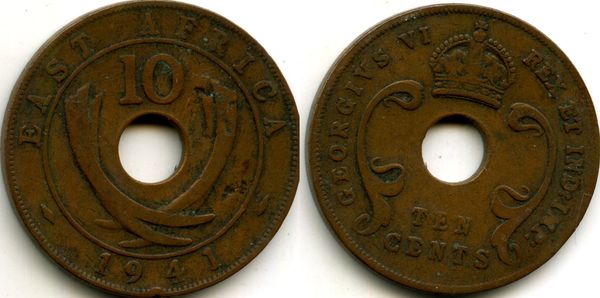 Монета 10 центов 1941г I Британская Восточная Африка