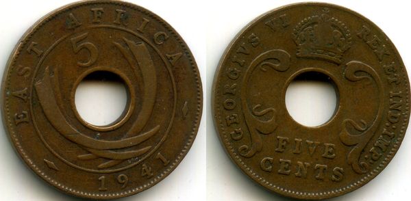 Монета 5 центов 1941г I Британская Восточная Африка
