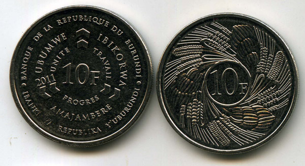 Монета 10 франков 2011г Бурунди