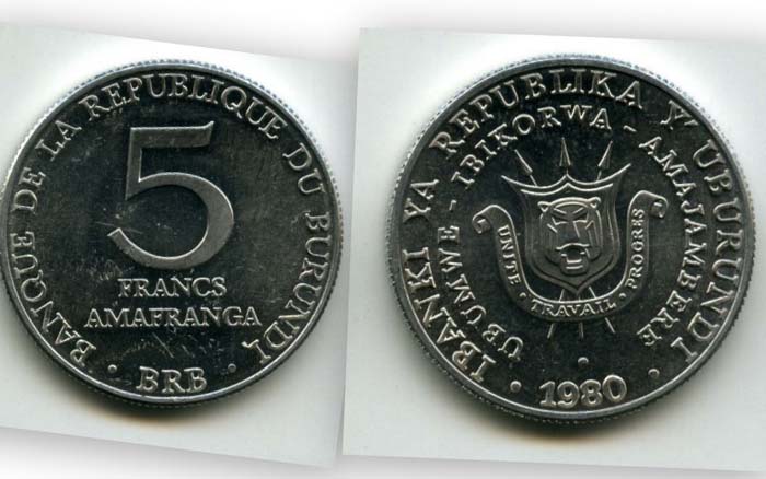 Монета 5 франков 1980г Бурунди