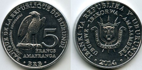 Монета 5 франков 2014г орёл Бурунди