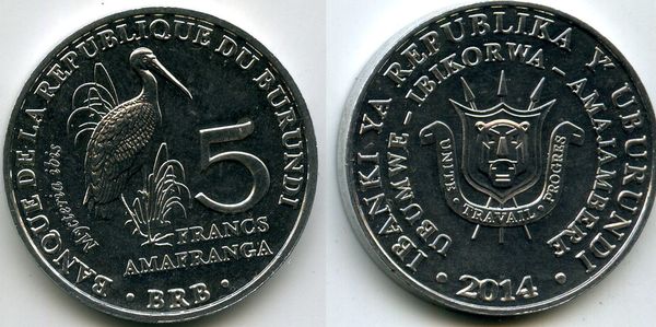 Монета 5 франков 2014г цапля Бурунди