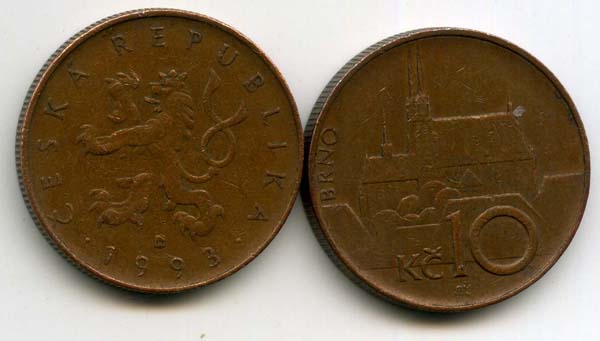 Монета 10 крон 1993г Чехия