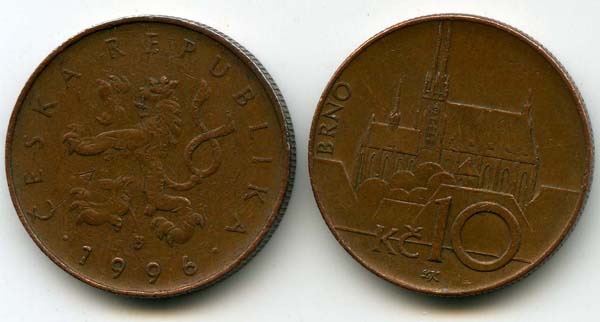 Монета 10 крон 1996г Чехия