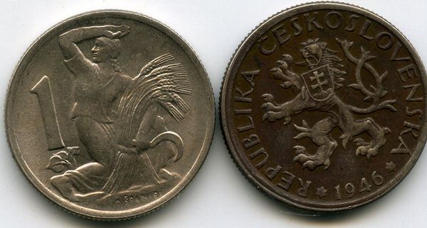 Монета 1 крона 1946г Чехословакия