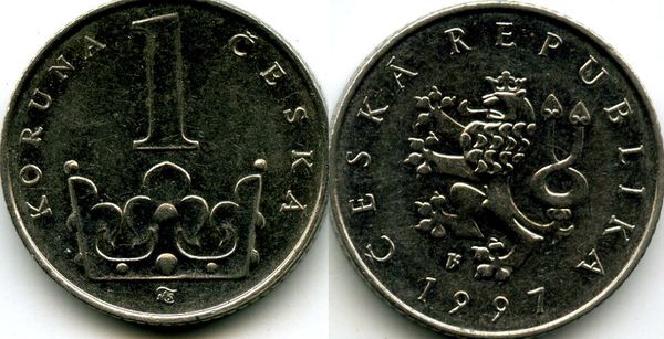 Монета 1 крона 1997г Чехия