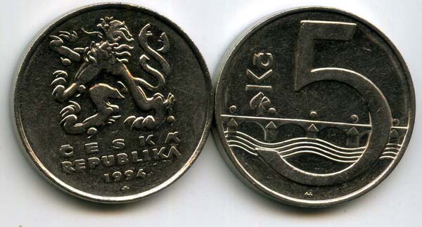 Монета 5 крон 1994г Чехия