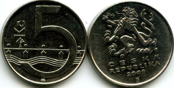 Монета 5 крон 2009г Чехия