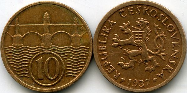 Монета 10 геллеров 1937г Чехия