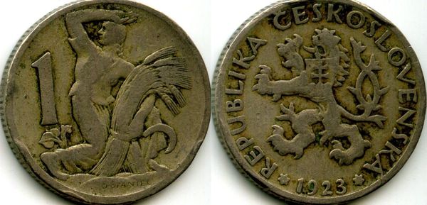 Монета 1 крона 1923г Чехословакия