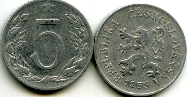 Монета 5 геллеров 1953г Чехия